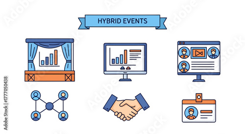 Hybrid events icon set illustrating online and offline conference elements