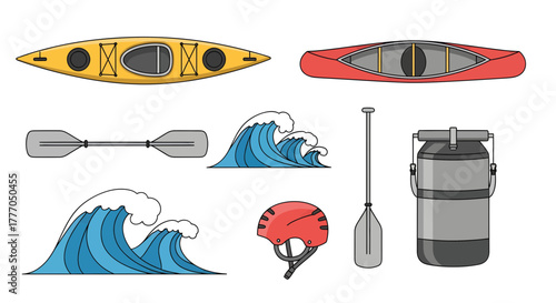 Paddling and Surfing Icon Set, Kayaks, Paddles, Wave, Helmet, Water Bottle, Adventure and Water Sports Equipment