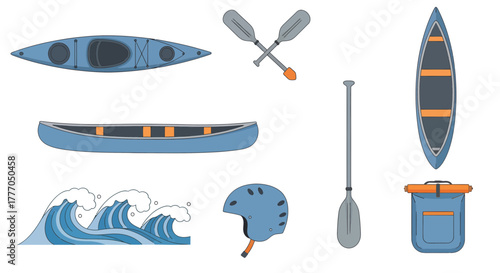 Flat vector multi-icon set of water sports equipment kayaks, canoes, paddles, safety helmet, and waves for outdoor adventure graphics