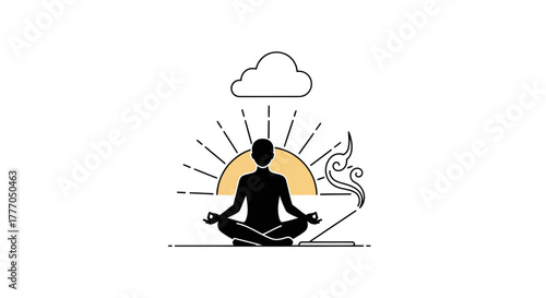 Person meditating in lotus position with smoke and sunburst, symbolizing mindfulness and serenity in a peaceful atmosphere, vector illustration.