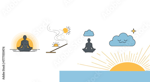 Meditation and mindfulness vector icon set, meditating figure, incense, clouds, sunrise, flat vector, white background, for spiritual wellness