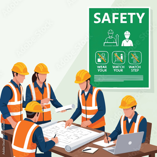 A construction team gathers around a blueprint, discussing safety measures and project details, ensuring a safe and productive work environment.