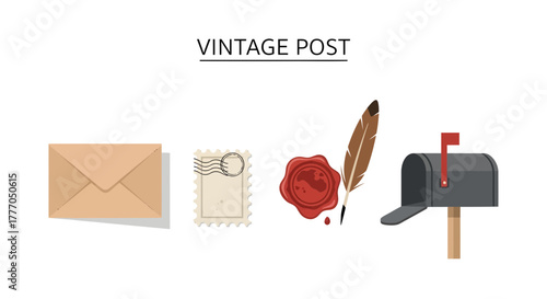 Vintage postal service icon set with envelope, stamp, wax seal, quill, and mailbox, depicting traditional communication elements
