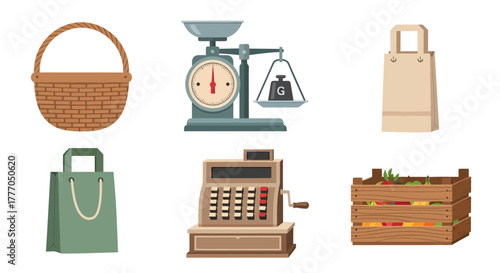 Retro Market and Grocery Store Elements Collection - Flat Vector Illustrations of Shopping Baskets, Weighing Scales, Bags, Cash Register, and Produce Crate