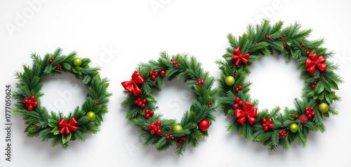 Wallpaper Mural A trio of festive Christmas wreaths, varying in size and greenery,  design,  backdrop Torontodigital.ca