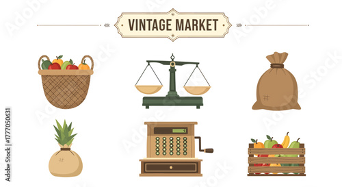 A charming collection of flat design illustrations depicting essential vintage market elements, including fresh produce, traditional weighing scales, and antique sales equipment
