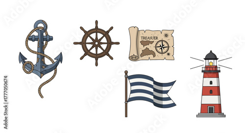 Collection of classic nautical symbols and sea adventure icons, perfect for maritime themes, ocean exploration, and vintage travel designs
