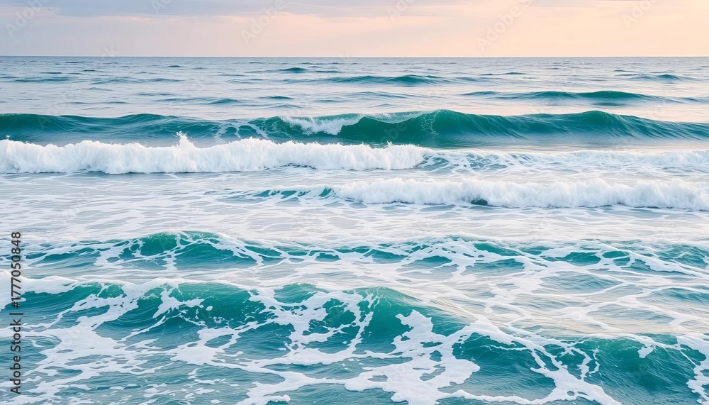 Fototapeta premium Rolling ocean waves approaching shore, whitecaps visible, texture, energy