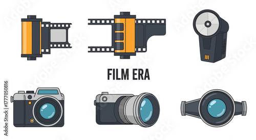 Retro camera film icon set illustrating vintage photography equipment, film rolls, negative strips, camera flashes, and interchangeable lenses from the classic era