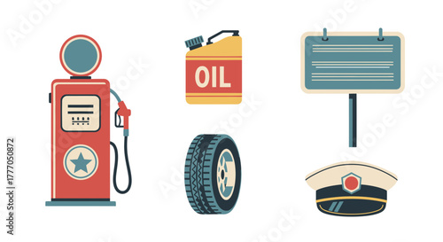 Flat vector icons depicting retro gas station service vintage fuel pump, oil container, road sign, car tire, and classic attendant's cap