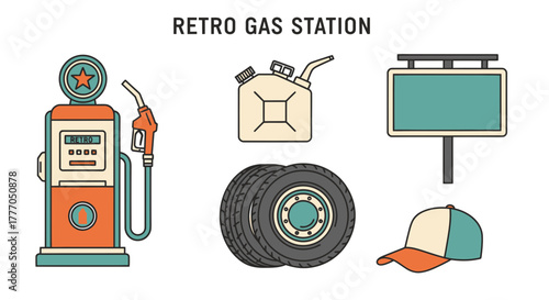Retro road trip essentials vector icon set for travel and vintage themes, featuring gas pump, tires, jerrycan, and classic sign, perfect for journey designs