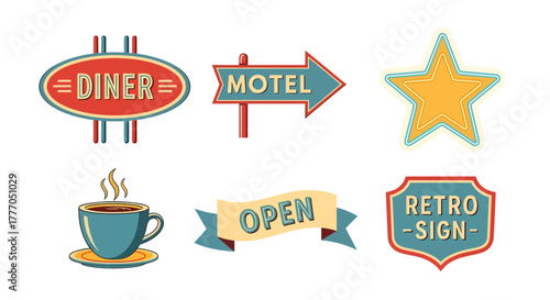 Collection of classic American roadside signs and vintage diner elements, including motel arrow, open banner, star, and coffee cup, in a retro flat vector style