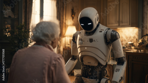 A humanoid robot assisting an elderly person in a smart home.