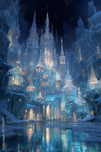 Magical Christmas castle made of ice and lights.