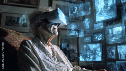 An elderly person revisiting memories through an immersive VR experience.