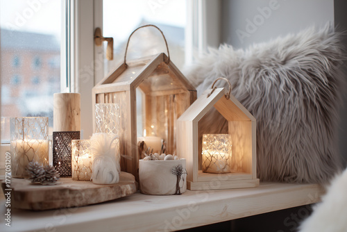 Scandinavian hygge Christmas corner, minimal decor, natural wood, candle lanterns.