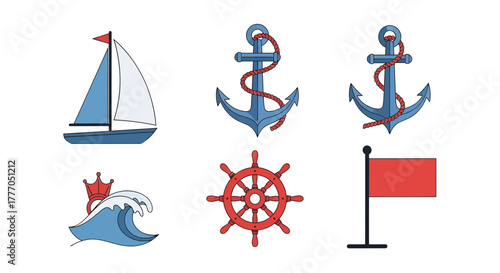 Sailing and nautical elements icon set, featuring sailboat, anchors, wheel, wave, and flag, in flat vector style.