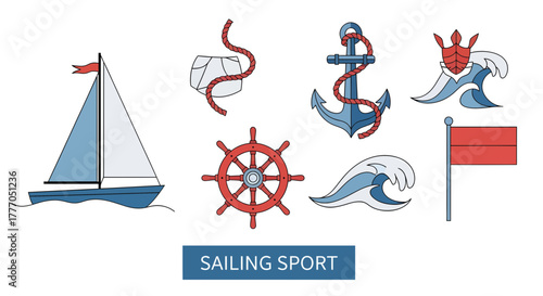 Sailing sport vector icon set depicting sailing, yacht, anchor, wheel, waves, and flag in flat style