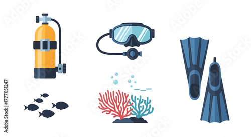 Scuba diving icon set featuring tank, mask, fins, fish, and coral, representing underwater exploration and marine life in a flat vector illustration