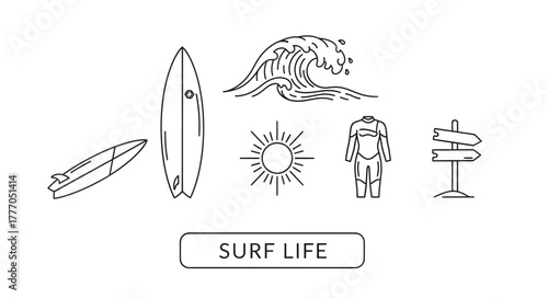 Surfing scene vector illustration set featuring surfboard, wave, sun, wetsuit, and signpost icons on a white background with 'SURF LIFE' label