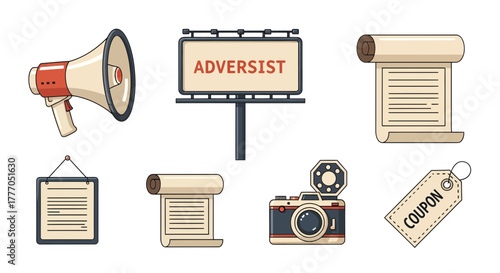 Vintage advertisement icons set displayed on a white background with various elements