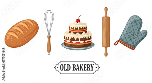 Bakery icon set featuring bread, cake, utensils on white background, symbolizing baking and culinary delights