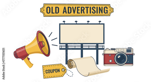 Vintage advertising icons set, megaphone, billboard, camera, coupon, scroll, retro promotional materials on display