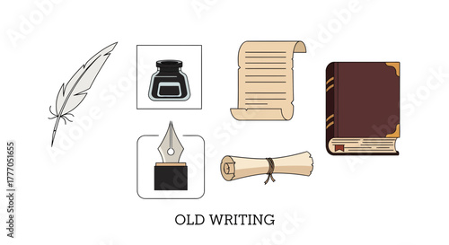 Vintage writing icon set featuring feather pen, inkwell, and old book on a white background