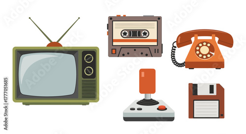 Vintage electronics and accessories set, retro TV, cassette, rotary phone, gamepad, floppy disk, flat vector illustration