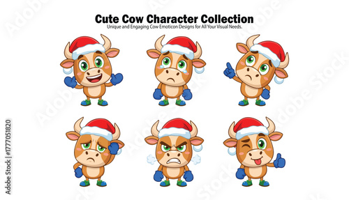 Six cartoon cow characters wearing Santa hats, each displaying a different emotion and pose.