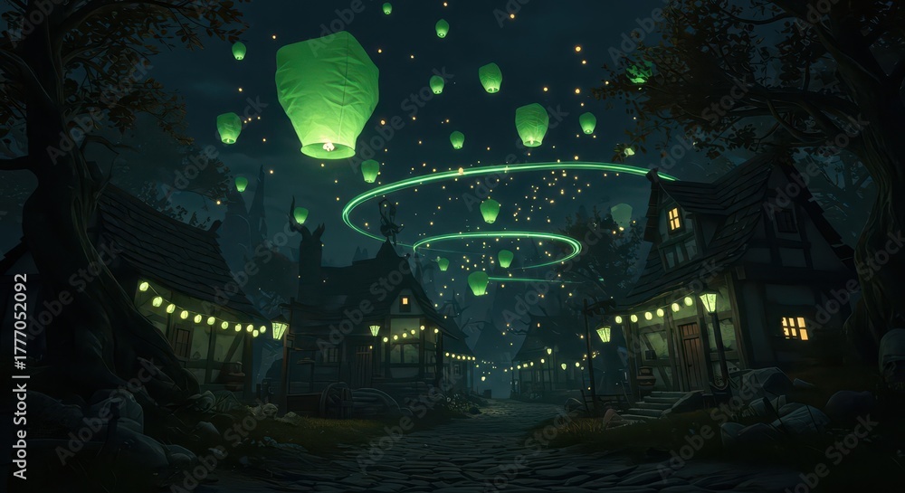 Obraz premium Enchanted evening scene depicts floating lanterns illuminating a rustic village pathway