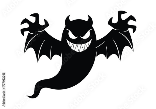 Cute cartoon devil ghost with bat wings and fangs