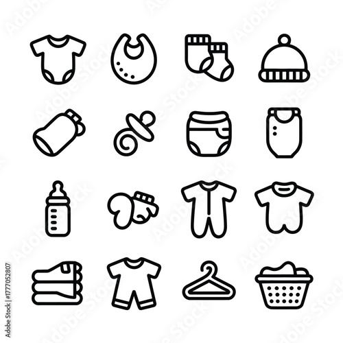 Collection of cute baby clothing and accessory icons in a simple line art style