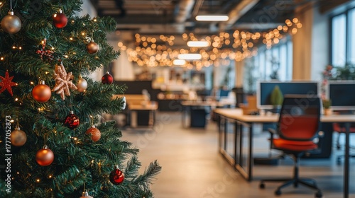 Festive office transformed with twinkling lights and a decorated Christmas tree creating a warm, inviting holiday atmosphere for colleagues