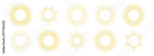 Golden sunburst frame collection. Retro gold radial sun light border set. Vector yellow round boarder bundle. Vintage royal sun beams or rays circle element pack for cadre, decor, label, badge, emblem