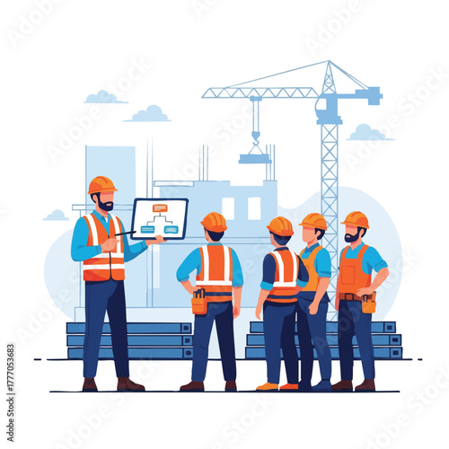 A construction foreman presents a blueprint to a team of workers at a building site, emphasizing teamwork and project planning.