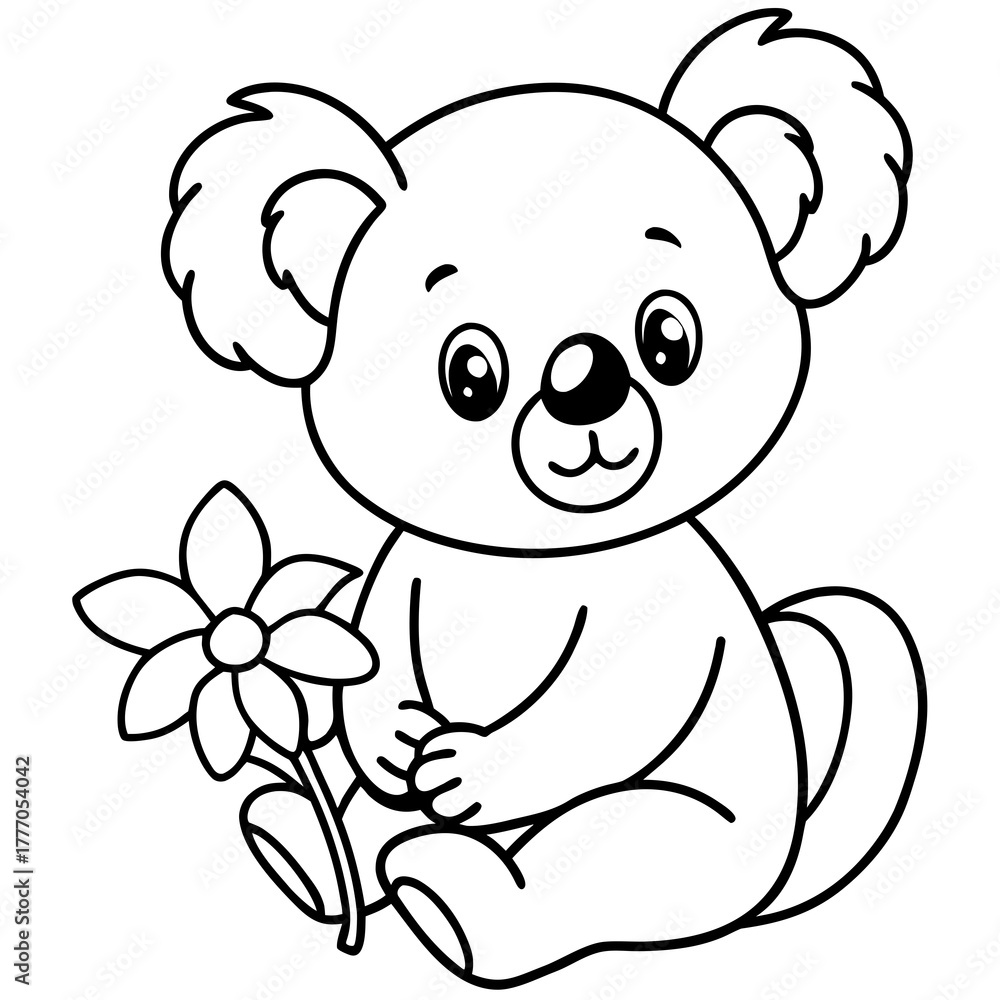 Fototapeta premium Little koala sitting on the ground holding a flower and smiling, with a bow on its ear on white background
