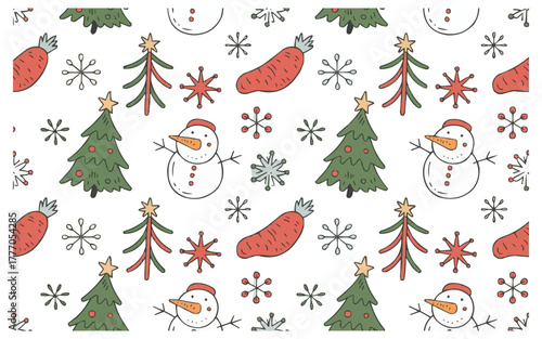 Whimsical Christmas pattern featuring cheerful snowmen, festive trees, colorful snowflakes, and cute carrots for joyful holiday designs