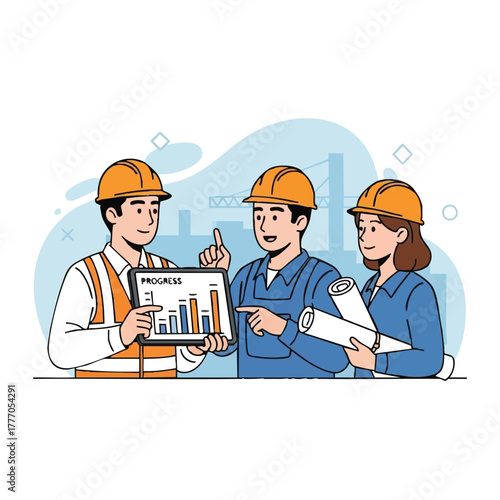 A construction team reviews a progress report on a tablet, discussing project development and future plans for the building.