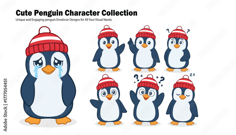 Fototapeta premium Collection of cartoon penguin characters displaying various emotions and poses, including crying, waving, questioning, and sleeping, all wearing red and white striped hats.