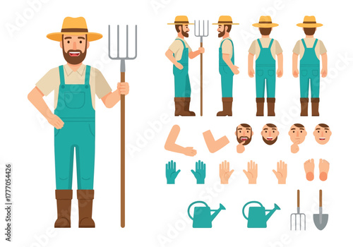 Farmer character set with tools and poses illustration