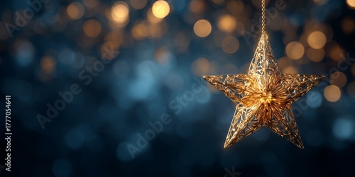Golden Star Ornament Shining Bright Against a Dreamy Blue and Orange Bokeh Background
