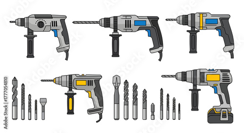 Collection of drills and drill bits on white background