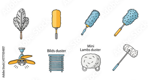 Cleaning Essentials Vector Icon Set Featuring Dustpans, Bins, and Brooms on White Background