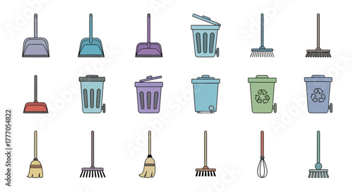 Vector Icon Set of Cleaning Tools on White Background