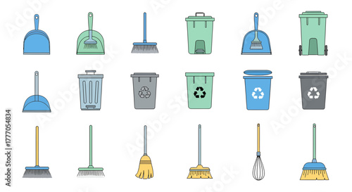 Cleaning tools and equipment vector icon set on white background