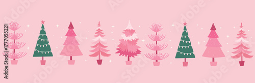 Christmas Trees Vector Illustration on Pink Background.