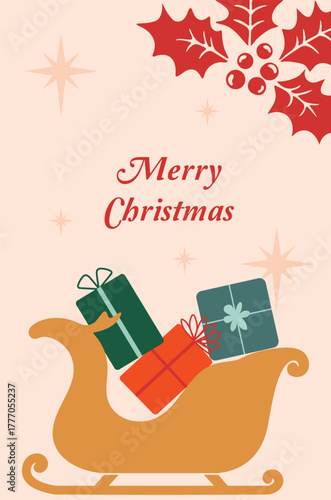 Merry Christmas Vector Illustration with Sleigh and Gifts.