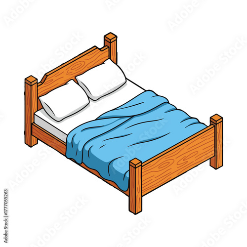 Wooden bed with blue blanket vector illustration