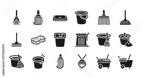 Collection of Minimal Vector Icons Featuring Cleaning Tools and Equipment on White Background